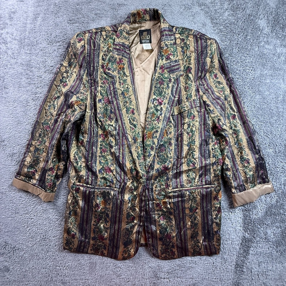 San Moire Womens Vintage 80s Metallic Floral Blazer Jacket Gold Multi Sz 12